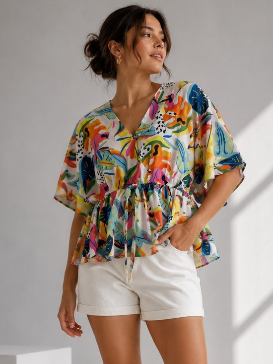 Sweet Rain Tops - Sweet Rain Top Tropical Leaf Print Peplum Tie Waist Large Colorful Summer Boho